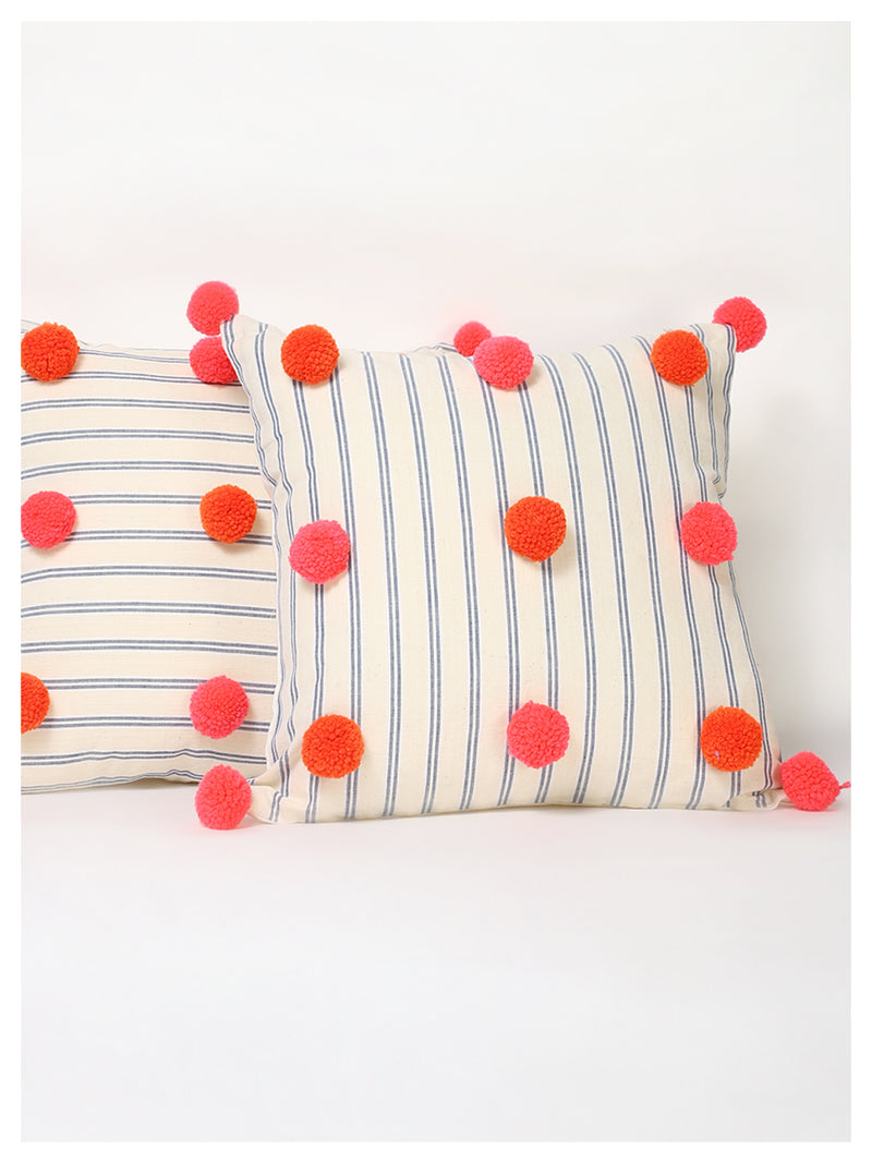 Plush Pompom Cushion - Pink  Orange - Set of 2