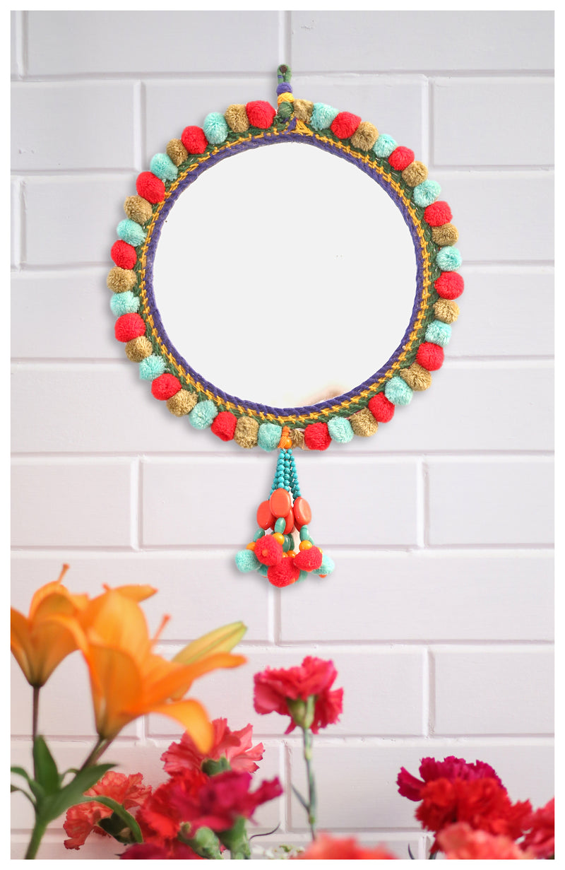 Round Embellished Wall Mirror - Red
